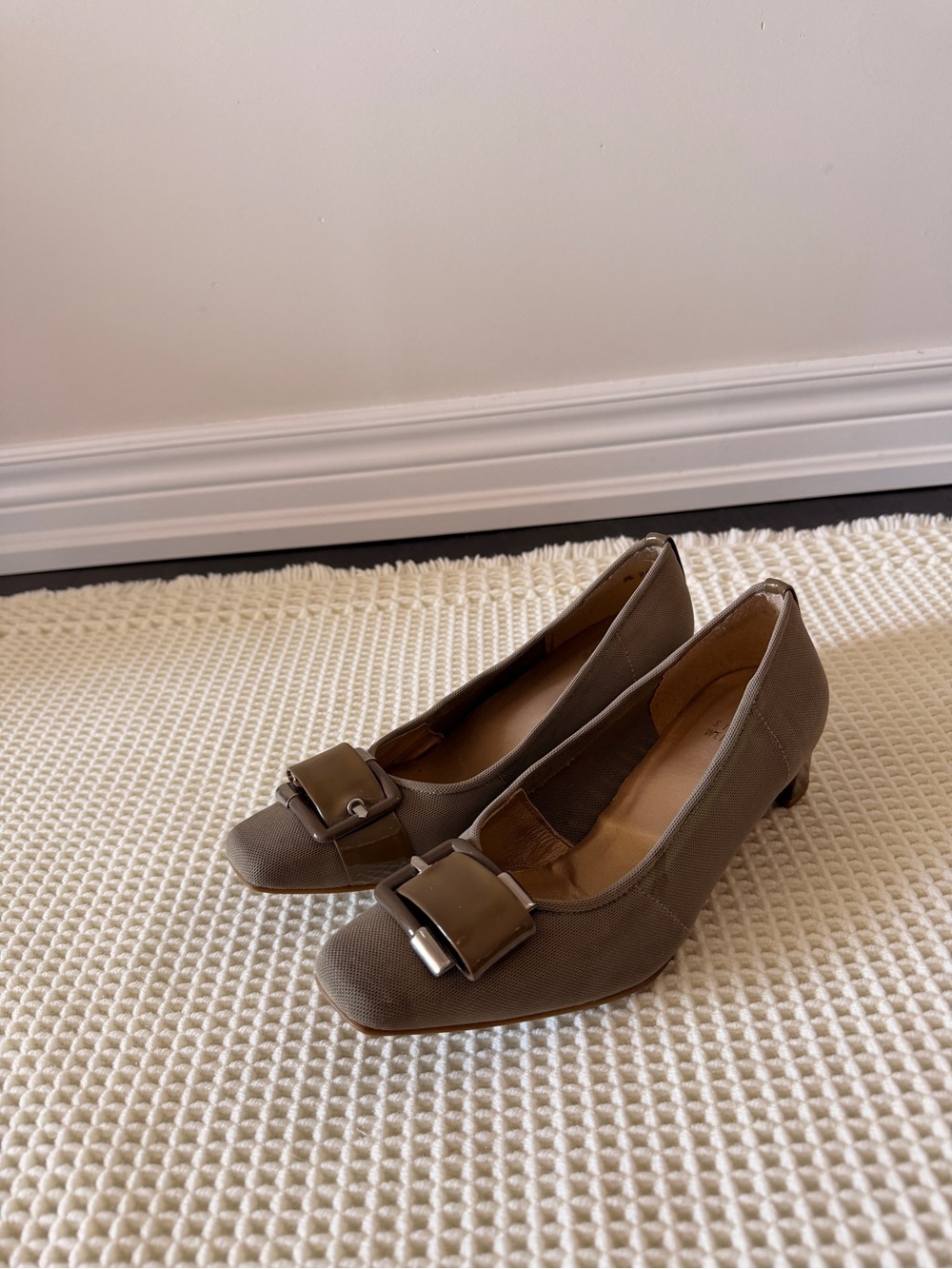Vintage Stuart Weitzman Taupe Kitten Heel Pumps with Buckle